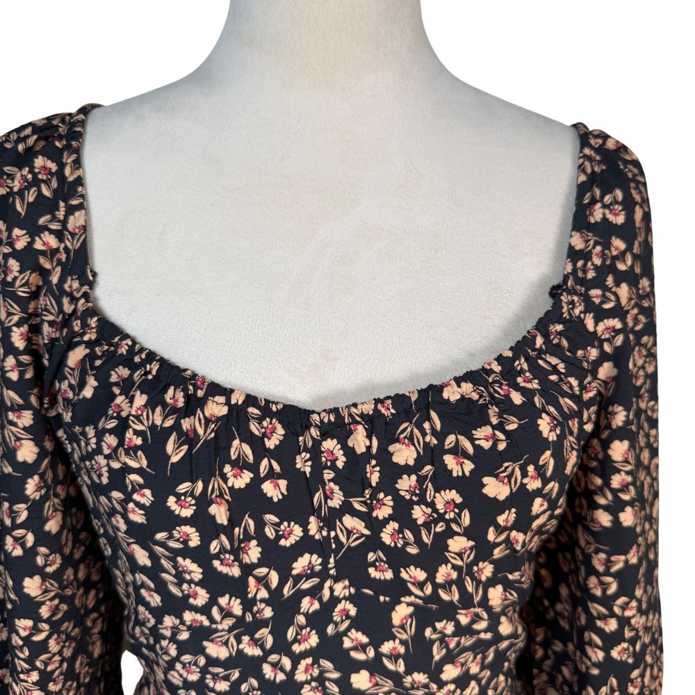 a.n.a Floral Sweetheart Midi Dress Pockets Smocked Balloon Sleeve M Boho Retro - Picture 7 of 16